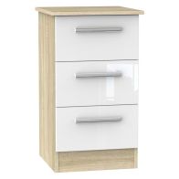 Buxton 3 Drawer Bedroom Bedside Cabinet White Gloss & Brown