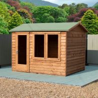 See more information about the Shire Melrose 7' 10" x 9' 9" Reverse Apex Garden Office - Premium Coated Overlap